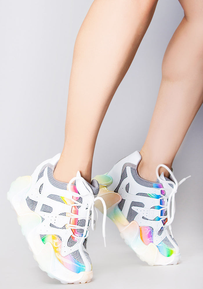 Anthony Wang CARAMBOLA 02 Super Circuit Platform Sneakers in gray mesh with rainbow contrast details and white sculpted tentacle traction outsole worn by model — front view