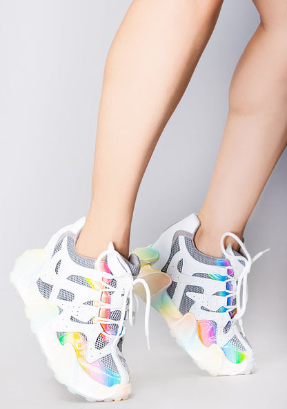 Anthony Wang CARAMBOLA 02 Super Circuit Platform Sneakers in gray mesh with rainbow contrast details and white sculpted tentacle traction outsole worn by model — front view