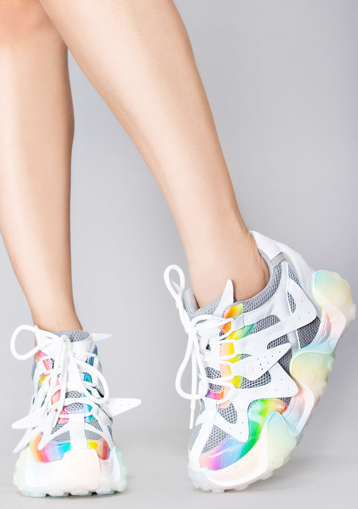 Anthony Wang CARAMBOLA 02 Super Circuit Platform Sneakers in gray mesh with lenticular panel accents and rainbow tentacle platform outsole worn by model — side view
