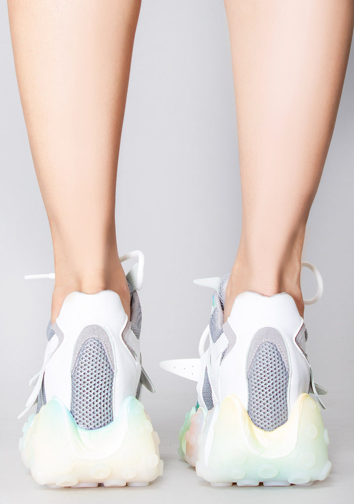 Anthony Wang CARAMBOLA 02 Super Circuit Platform Sneakers in gray mesh with lace-up closure and rainbow sculpted tentacle outsole worn by model — back view