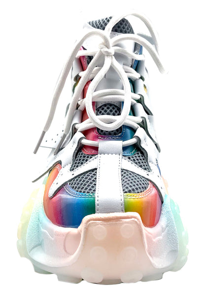 Anthony Wang CARAMBOLA 02 Super Circuit Platform Sneakers in gray mesh showing rainbow lenticular panel details and white sculpted tentacle platform height — side view