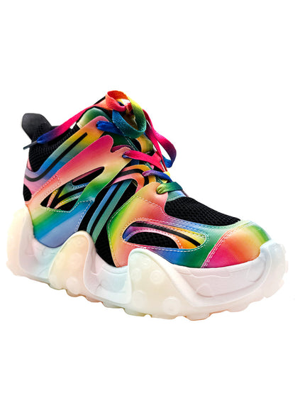 Three-quarter view of Anthony Wang CARAMBOLA 03 Virtual Vibrance platform sneakers featuring bright colorful accent straps, black hardware lace loops, and sculpted neon outsole block accents