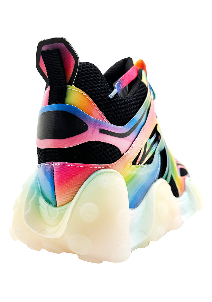 Close-up profile of Anthony Wang CARAMBOLA 03 Virtual Vibrance black platform sneakers accentuating the texture of the black mesh panels alongside the vibrant rainbow lenticular wing layers
