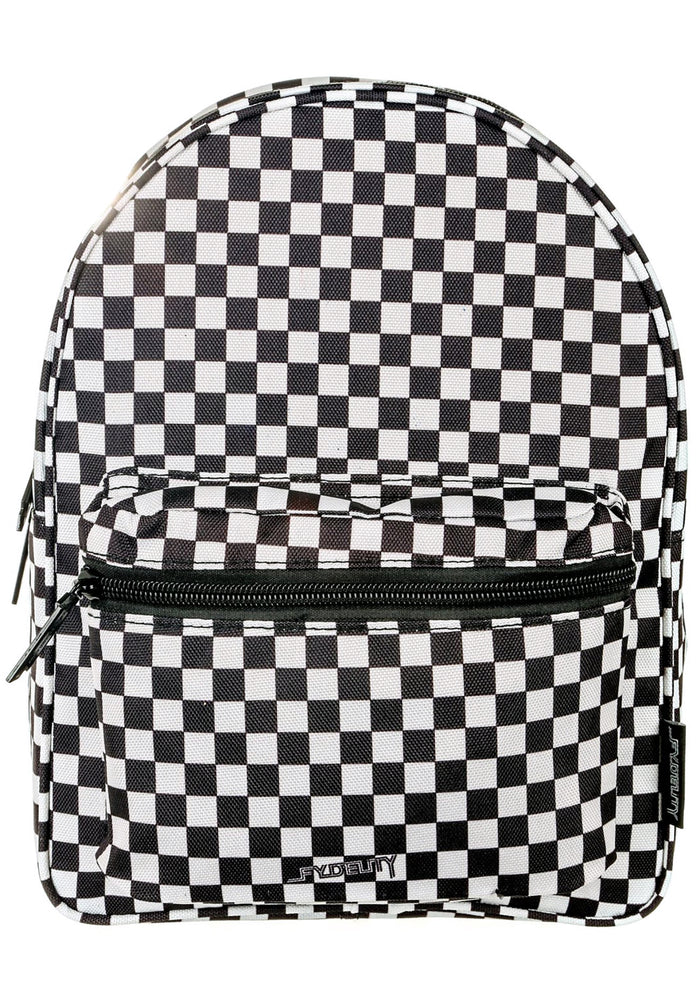 Fydelity Checkmate Mini Backpack in black white with checkered graphic print on rave festival backpack — front view