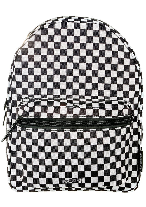 Fydelity Checkmate Mini Backpack in black white with checkered graphic print on rave festival backpack — front view