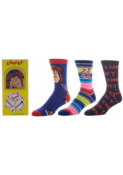 Bioworld Chucky Best Friend 3PK Gift Socks Box Set in multicolor with Chucky character poly-spandex socks in Good Guys Doll box — front view