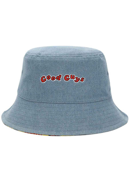 Bioworld Chucky Good Guys Reversible Bucket Hat in blue yellow with Chucky AOP print on one side and denim with embroidery on the other on horror fandom rave festival hat — reversible detail view