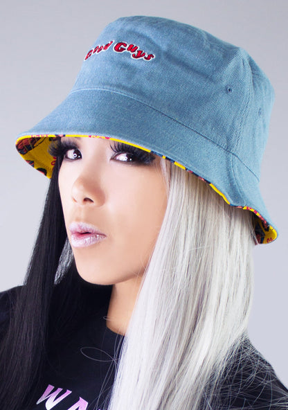 Bioworld Chucky Good Guys Reversible Bucket Hat in blue yellow — reversible side detail view 2