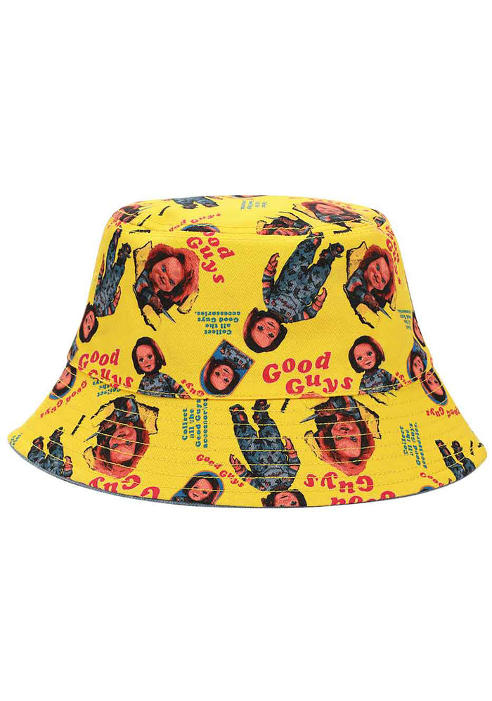 Bioworld Chucky Good Guys Reversible Bucket Hat in blue yellow — flat front view