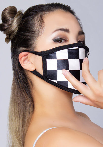 BGlittz Classic Checkered Dust Mask in black white with all-over checkered pattern on breathable nylon rave festival face mask — model view