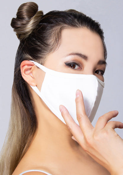 BGlittz Classic Cotton Dust Mask in white with solid white cotton base on soft breathable cotton washable everyday face mask — model view