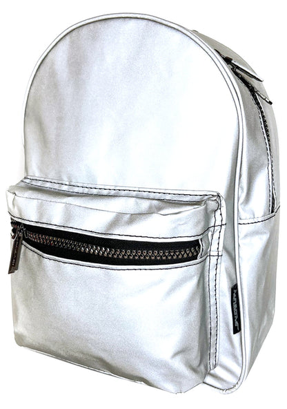 Fydelity Codebreaker Reflective Mini Backpack in silver reflective with rainbow reflective material on rave festival backpack — front view