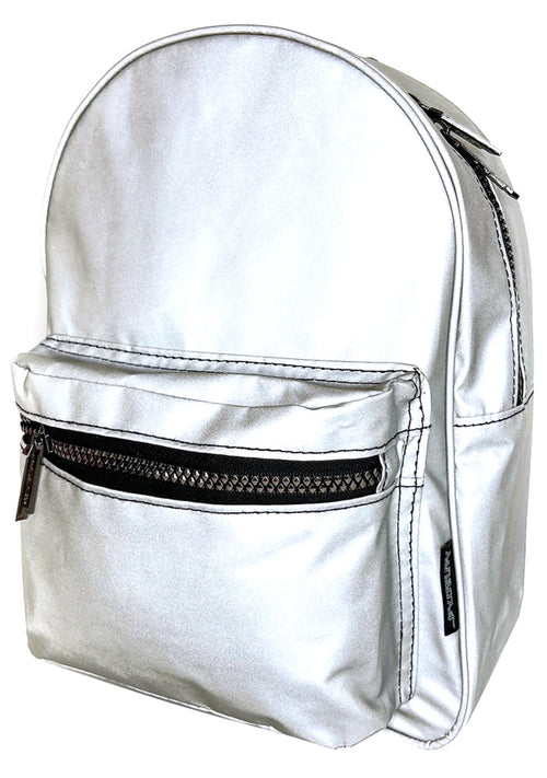 Fydelity Codebreaker Reflective Mini Backpack in silver reflective with rainbow reflective material on rave festival backpack — front view