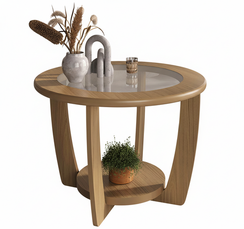Coffee Table Curve 4575 Rounded With Tempered Glass  60*60*42.5Cm Oak (Limited 3 Months Warranty)
