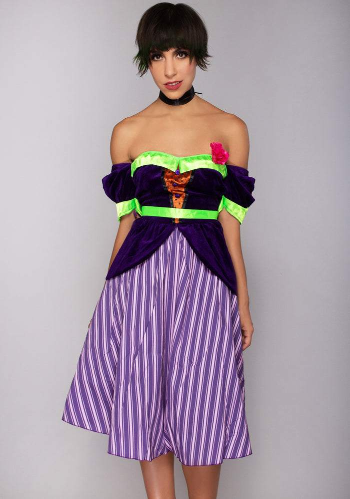 Leg Avenue Comic Book Baddie Set in purple multi with velvet coat dress and striped skirt on Halloween party costume — model view