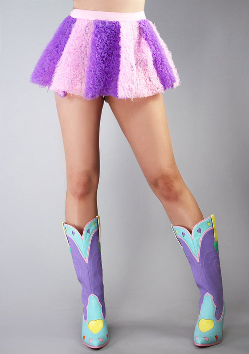 Hot & Delicious Cotton Candy Dream Tulle Skirt in lavender pink with two-tone stripe tulle detail on rave bottoms — model view