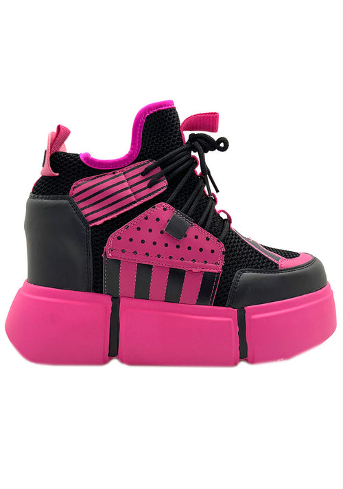 Side studio shot of Anthony Wang CRANBERRY 08 Pink Circuit platform sneakers featuring a high-contrast black and neon pink patchwork design with an ultra-thick segmented wedge sole
