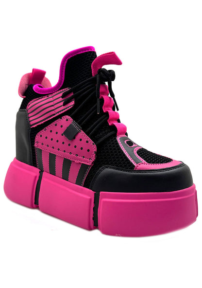 Three-quarter studio view of Anthony Wang CRANBERRY 08 Pink Circuit platform sneakers emphasizing the aggressive toe box guards, mixed-material overlays, and technical rave streetwear silhouette