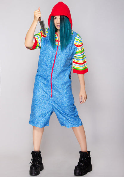 Leg Avenue Creepy Playtime Killer Suit in multicolor with printed denim overalls and attached hood on costume cosplay — model view