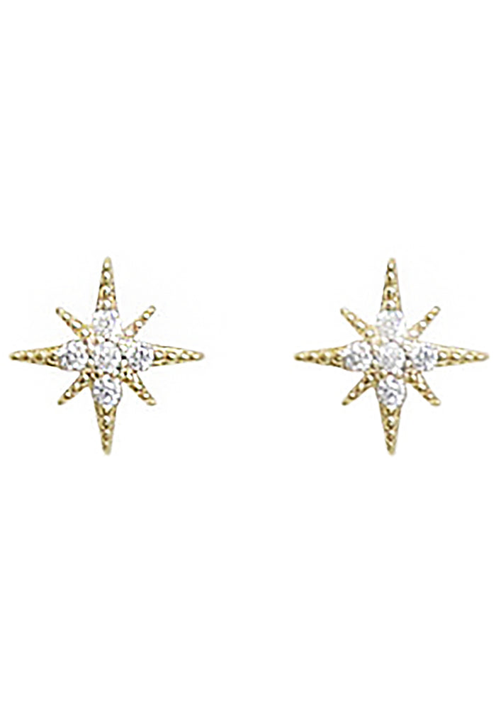 Ettika Crystal Interstellar Stud Earrings in gold with cubic zirconia star-shaped design on festival earrings — front view