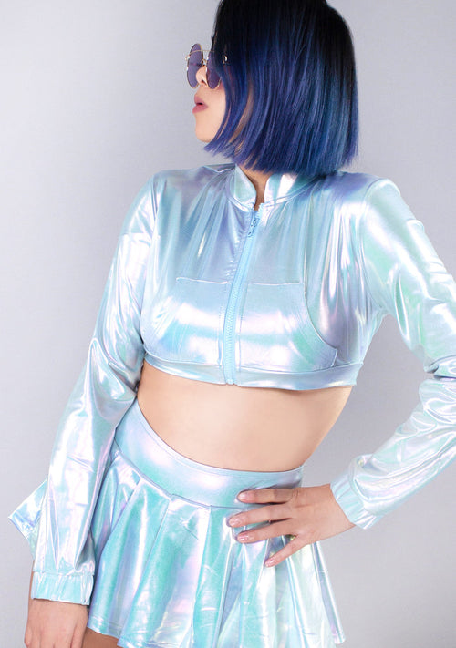 Hot & Delicious Cyber Playdate Cropped Jacket in pearlescent blue with long-sleeve crop fit on festival jacket — model view