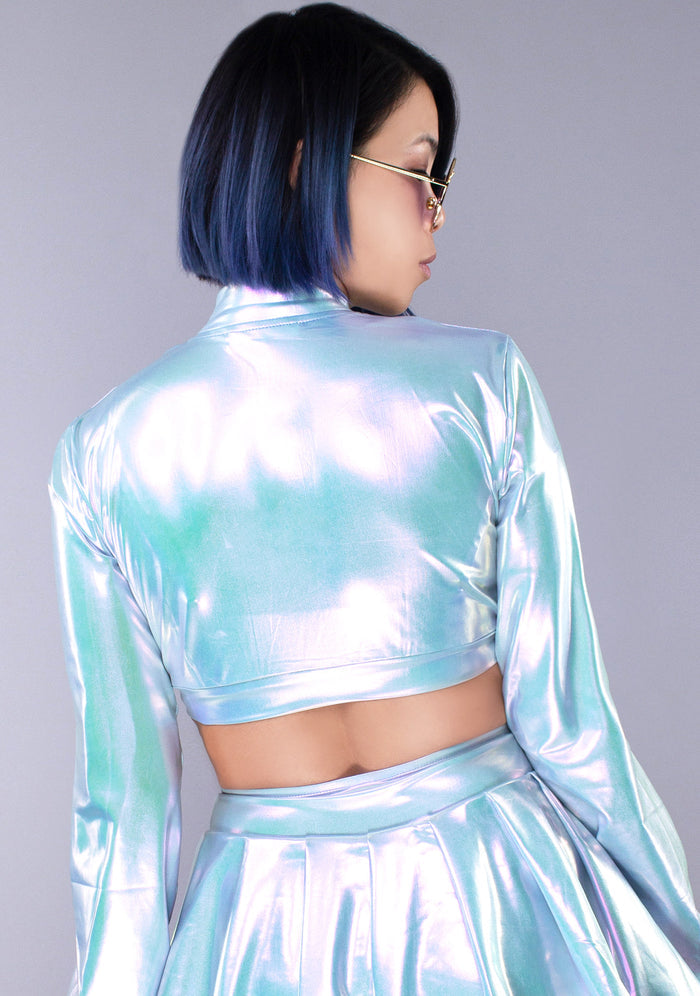 Hot & Delicious Cyber Playdate Cropped Jacket in pearlescent blue — model back view