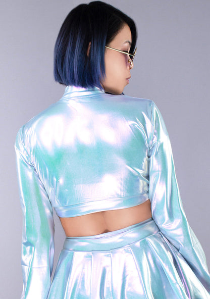 Hot & Delicious Cyber Playdate Cropped Jacket in pearlescent blue — model back view