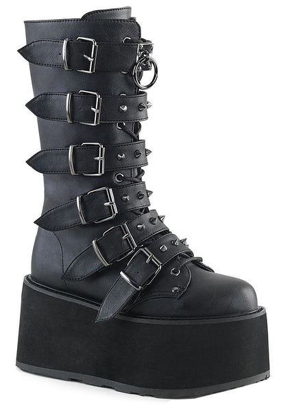 Demonia DAMNED 225 Dark Soul Black Platform Boots in black vegan leather with 6 cone studded buckle straps and EVA foam platform — front view