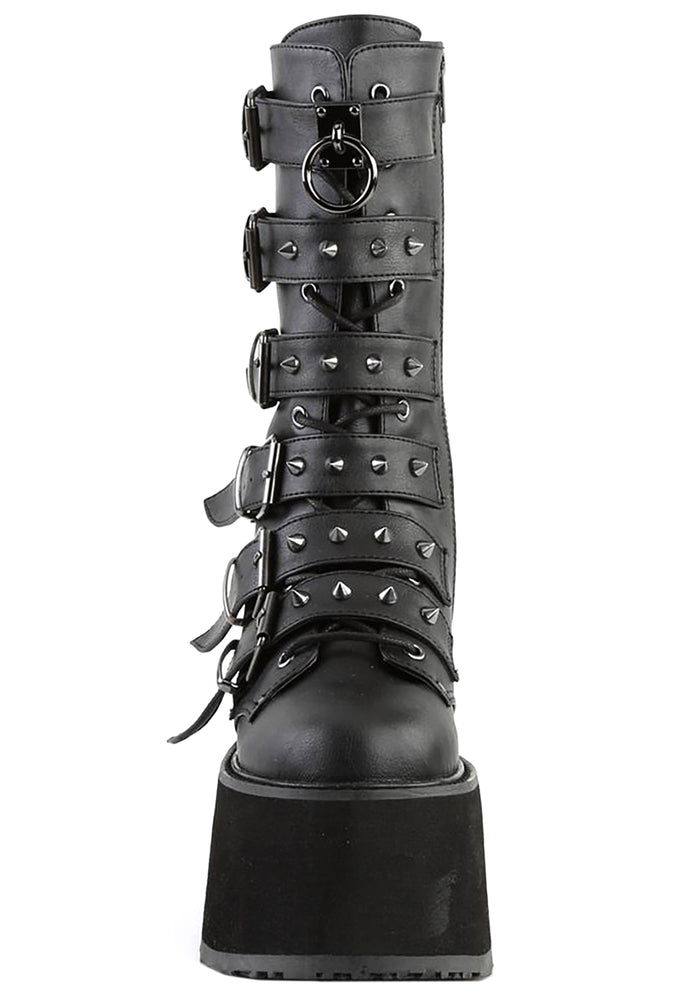 Demonia DAMNED 225 Dark Soul Black Platform Boots in black vegan leather showing mid-calf height and cone studded strap detail — side view