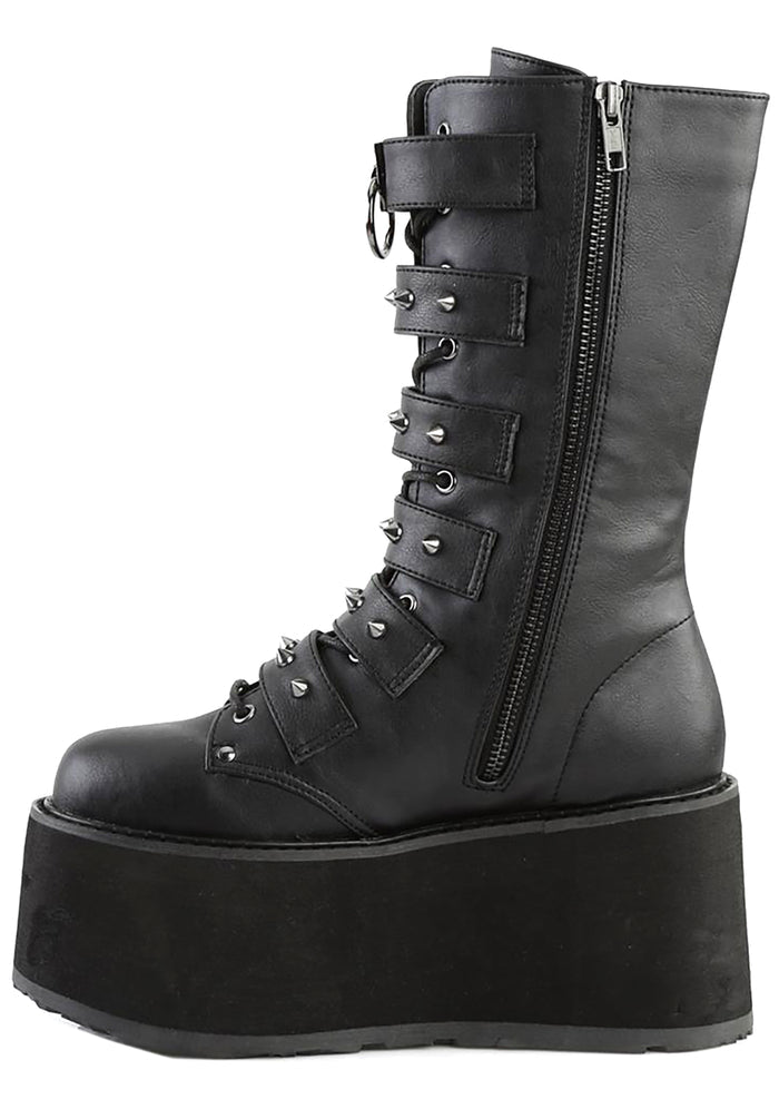 Demonia DAMNED 225 Dark Soul Black Platform Boots in black vegan leather showing EVA foam platform and spiked stud buckle hardware — detail shot