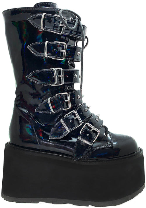 Demonia DAMNED 225 Necromancer Hologram Black Platform Boots in iridescent holographic vegan leather with 6 cone studded buckle straps and EVA foam platform — front view