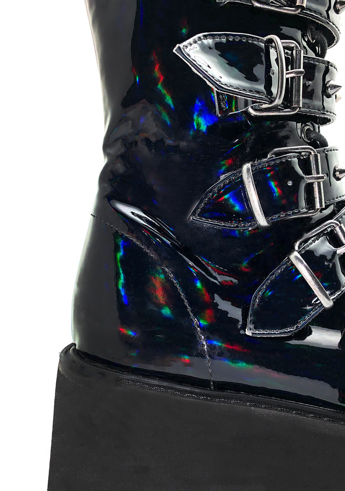 Demonia DAMNED 225 Necromancer Hologram Black Platform Boots in iridescent holographic vegan leather showing mid-calf height and EVA foam platform — side view