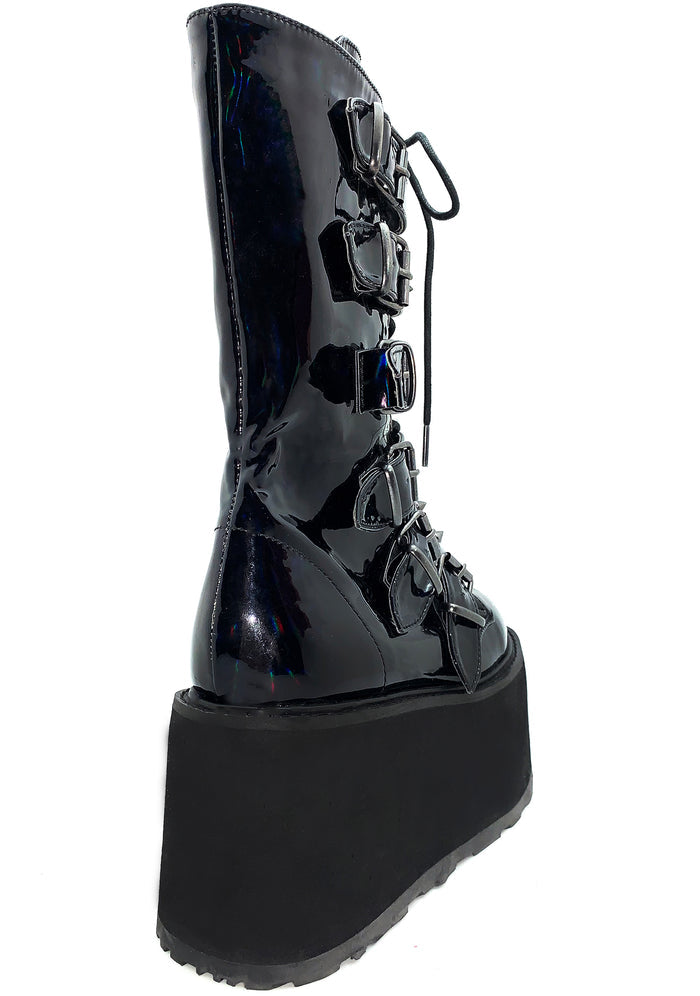 Demonia DAMNED 225 Necromancer Hologram Black Platform Boots in iridescent holographic vegan leather showing inside metal zip closure and platform sole — back view