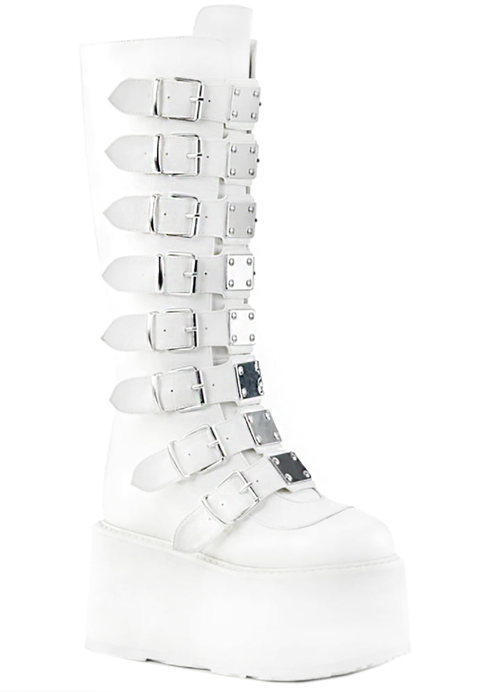 Demonia DAMNED 318 51/50 White Platform Boots in white vegan PU leather with 8 metal plate buckle straps and 3.5 inch platform — front view