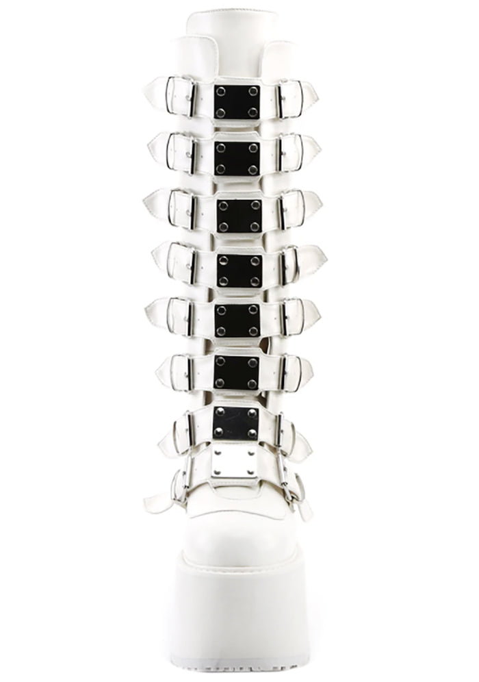 Demonia DAMNED 318 51/50 White Platform Boots in white vegan PU leather showing knee-high silhouette and 3.5 inch platform height — side view
