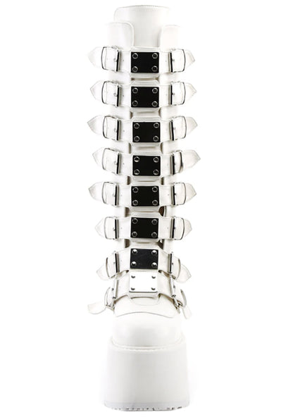 Demonia DAMNED 318 51/50 White Platform Boots in white vegan PU leather showing knee-high silhouette and 3.5 inch platform height — side view