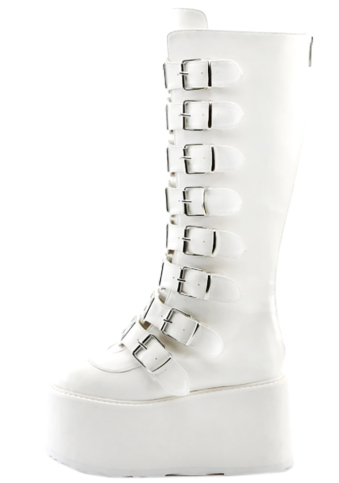 Demonia DAMNED 318 51/50 White Platform Boots in white vegan PU leather showing metal plate buckle hardware and back zip detail — detail shot