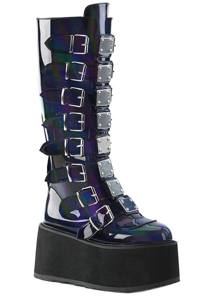 Demonia DAMNED 318 Delusional Dream Hologram Black Platform Boots in iridescent holographic vegan leather with 8 metal plate buckle straps and 3.5 inch platform — front view