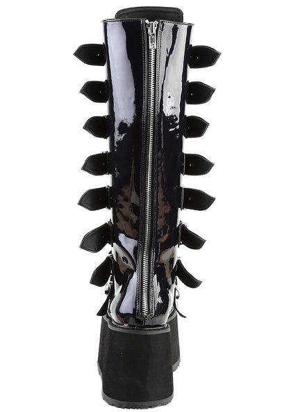 Demonia DAMNED 318 Delusional Dream Hologram Black Platform Boots in iridescent holographic vegan leather showing metal plate buckle hardware and back zip closure — detail shot