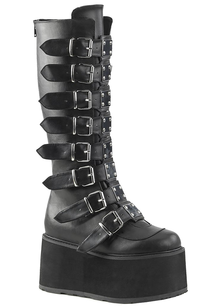 Demonia DAMNED 318 Obsession Black Platform Boots in black vegan leather with 8 cone studded buckle straps and 3.5 inch EVA foam platform — front view