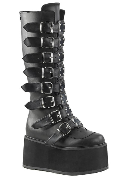 Demonia DAMNED 318 Obsession Black Platform Boots in black vegan leather with 8 cone studded buckle straps and 3.5 inch EVA foam platform — front view