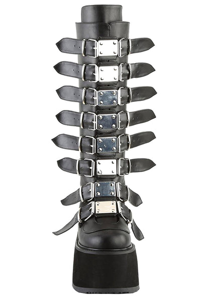 Demonia DAMNED 318 Obsession Black Platform Boots in black vegan leather showing knee high silhouette and cone studded strap detail — side view