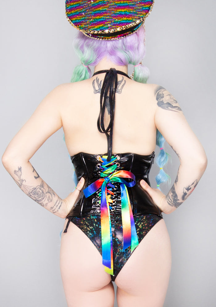 J Valentine Dark Wonderland Vinyl Waist Cincher in holographic black — back view