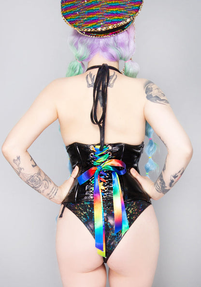 J Valentine Dark Wonderland Vinyl Waist Cincher in holographic black — back view