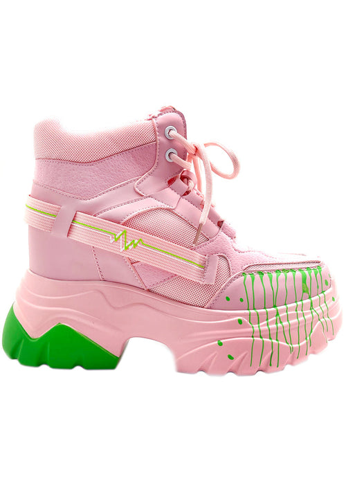 Anthony Wang DATE 01 Techno Heartbeat Platform Sneakers in pastel pink with neon green paint splatter chunky outsole and lace-up closure — front view