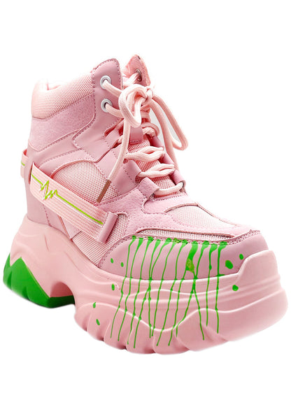 Anthony Wang DATE 01 Techno Heartbeat Platform Sneakers in pastel pink showing chunky platform height and neon green outsole detail — side view