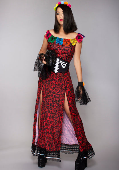 Leg Avenue Deluxe Day of the Dead Beauty Set in red black with printed lace dress and skeleton waist cincher on party costume — model view