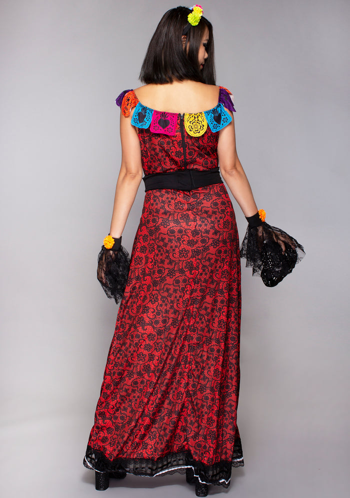 Leg Avenue Deluxe Day of the Dead Beauty Set in red black — model back view