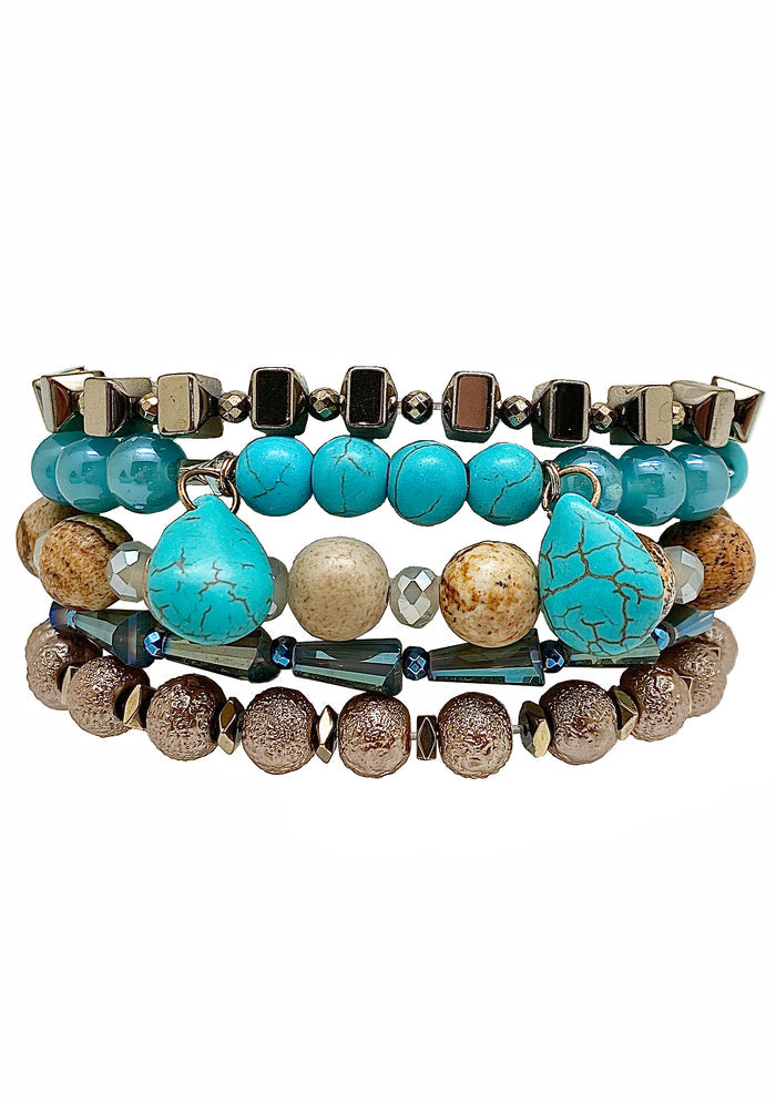 Erimish Desert Darling Bracelet Stack in turquoise brown with natural stone elements and stone charm detail on festival bracelet stack — front view
