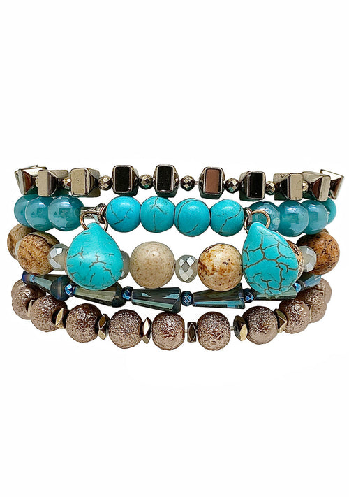 Erimish Desert Darling Bracelet Stack in turquoise brown with natural stone elements and stone charm detail on festival bracelet stack — front view